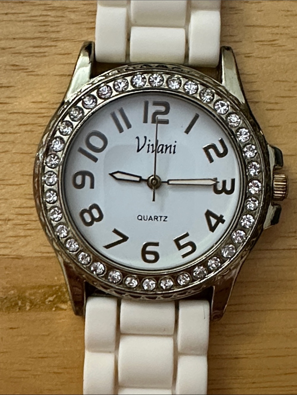 Vivani White Silicone Strap Watch with Crystal-Trim Bezel, “The Boyfriend Watch”